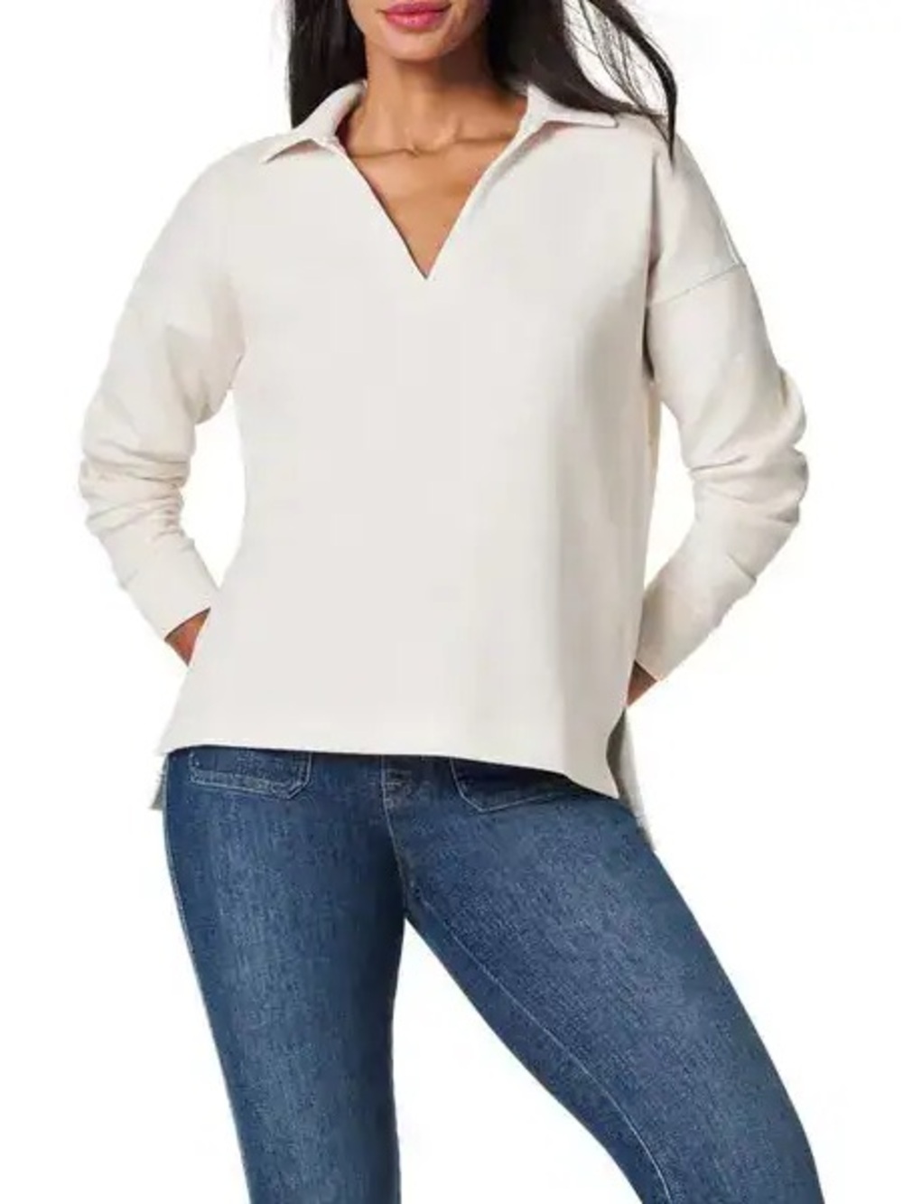 Spanx AirEssentials Polo Top Women's Size Medium White V-Neck Hi-Lo Hem